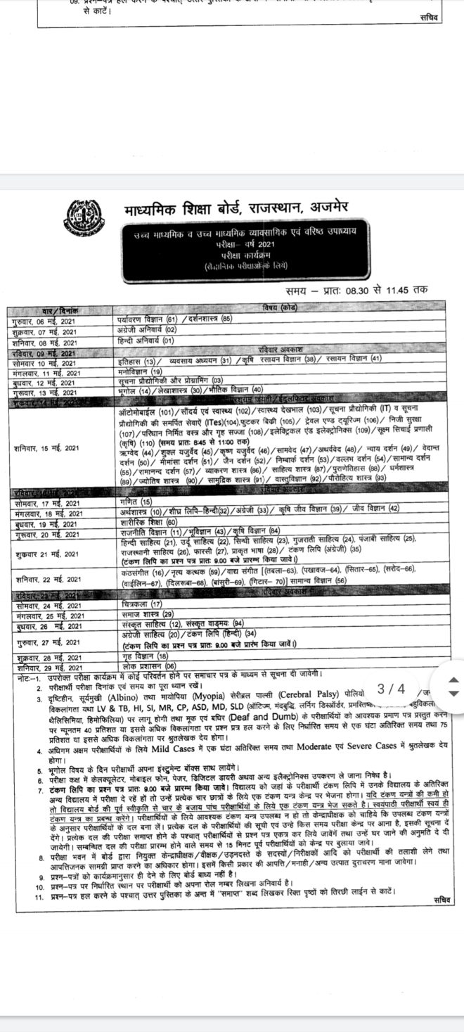 Rajasthan 12th Board Exam Time Table 2021/Rbse 12th Board ...