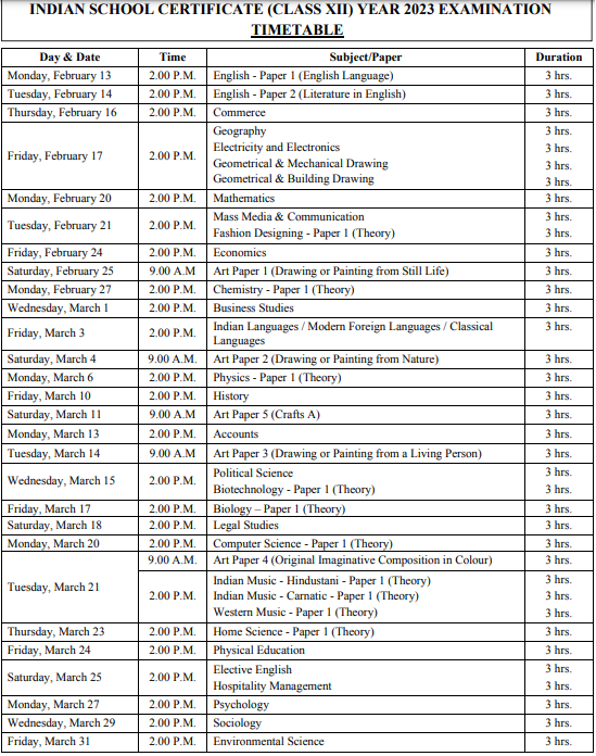 ICSE 10th 12th Board Exam Time Table 2023 ICSE Date Sheet 2023 ICSE ...