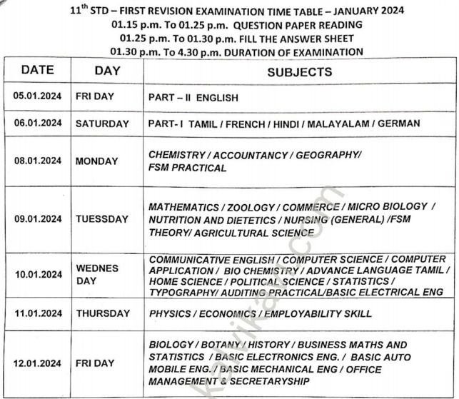 10th 11th 12th First Revision Test Time Table 2024 Pdf Download 0821